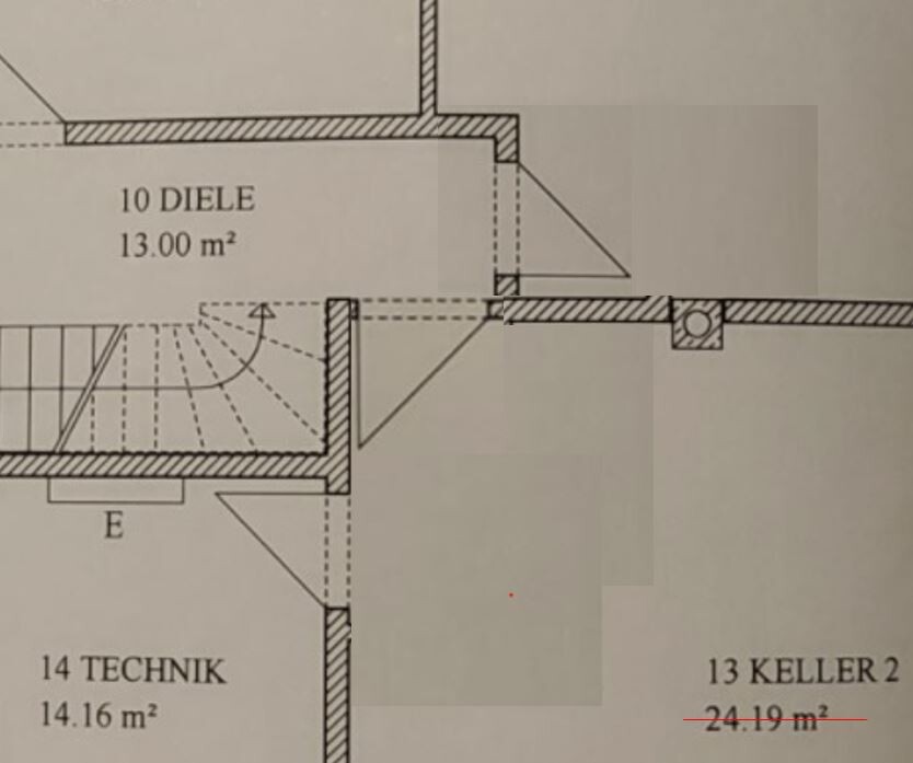 Grundriss eines Hauses: Treppenaufgang, Türen, Diele 13 m², Technik 14.16 m².