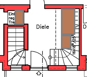 2D-Grundriss eines Hauses mit Diele, Treppen und Türen im Erdgeschoss