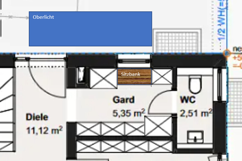 Grundriss eines Flurs mit Diele, Garderobe, WC, Sitzbank und Oberlicht