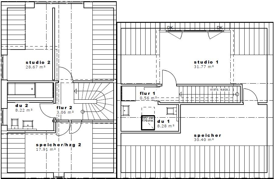 Grundriss eines Gebäudeteils mit zwei Studios, Fluren, Dusche und Speicher.