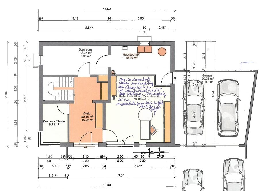 Grundriss eines Hauses mit Diele, Stauraum, Haustechnik, Zimmer/Fitness, Garage mit zwei Stellplätzen.