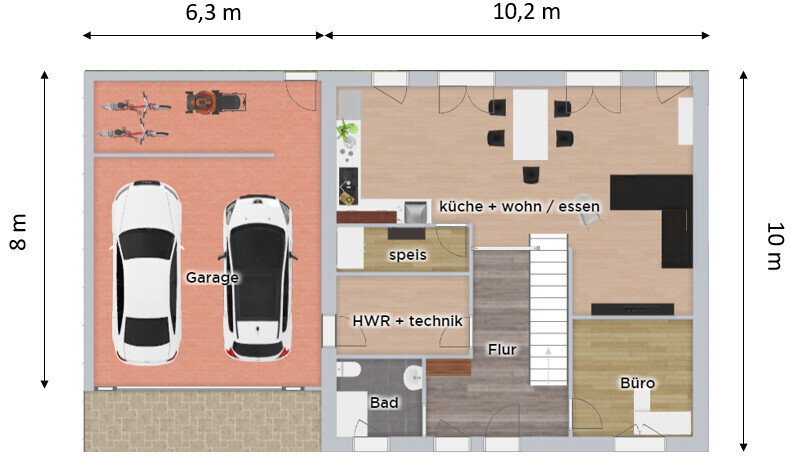 Grundriss: Garage mit zwei Autos links, Wohnen/Kochen/Essen, Bad, Büro, Flur, Technikraum.