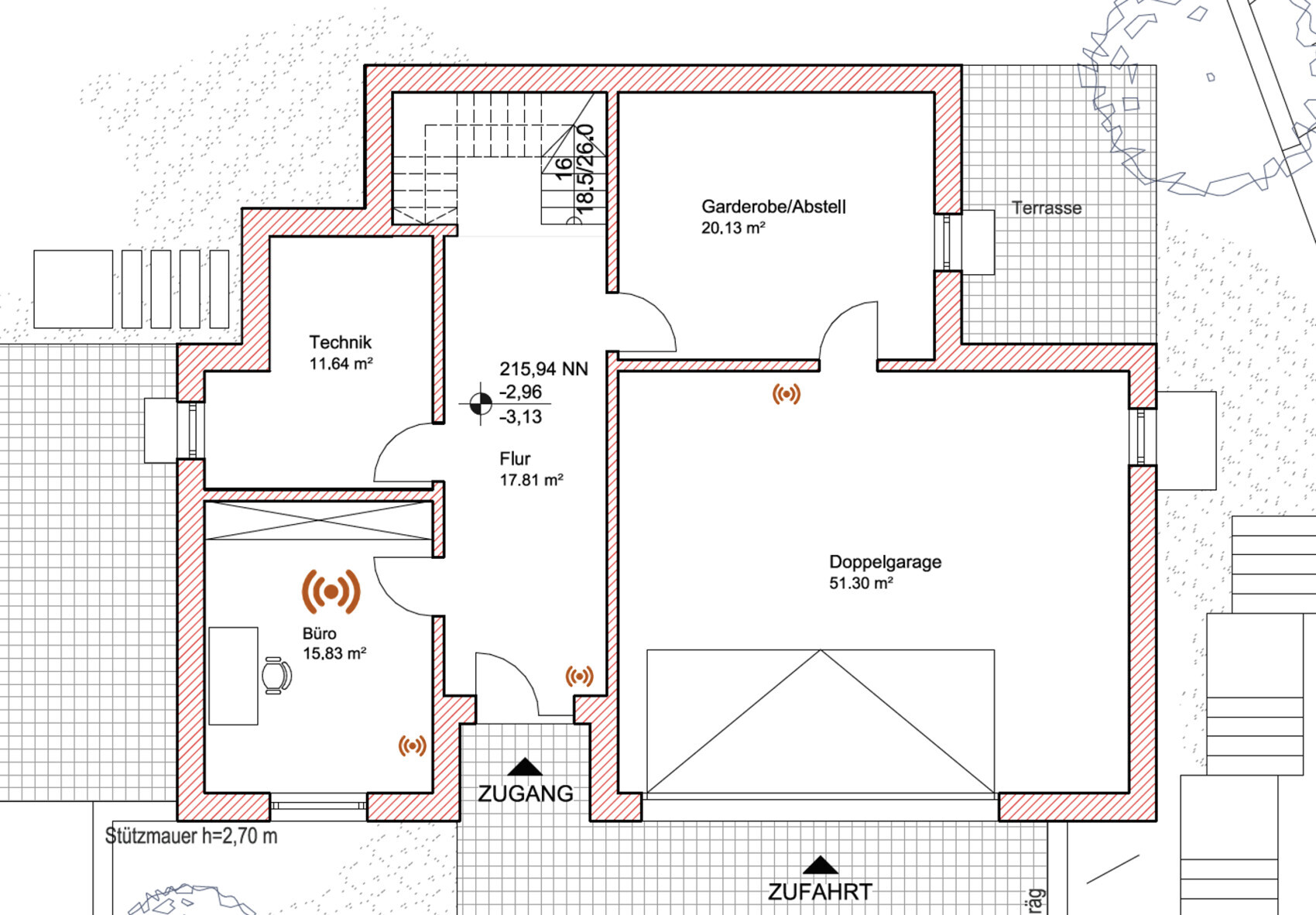 Grundriss eines Hauses mit Technik, Büro, Garderobe/Abstell, Flur, Doppelgarage und Terrasse.