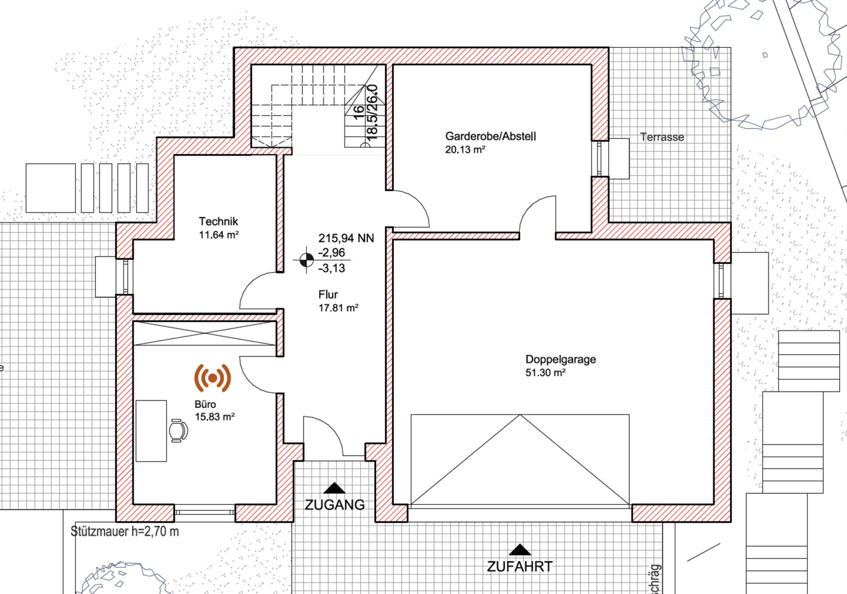 Grundriss eines Hauses mit Flur, Büro, Technik, Garderobe, Doppelgarage und Terrasse.