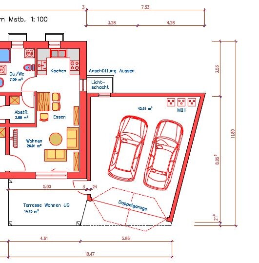 2D Grundrissplan eines Hauses mit Doppelgarage, Terrasse, Kuche und Wohnzimmer.