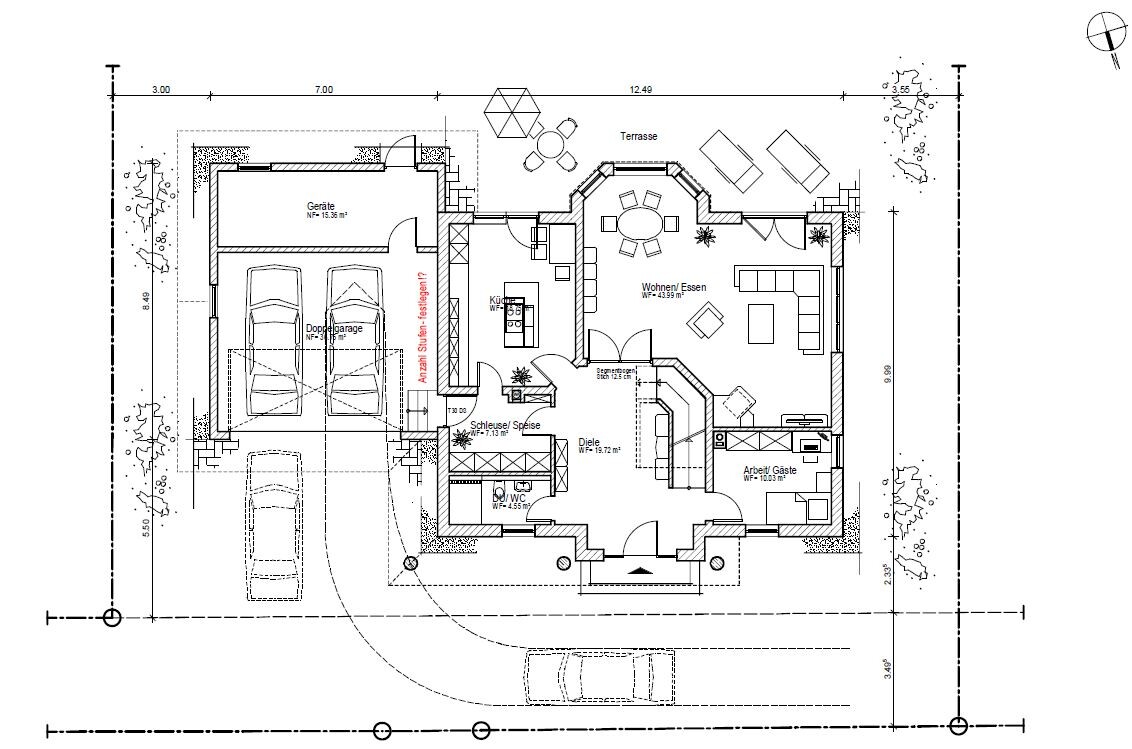 Grundriss eines Hauses mit Doppelgarage, Terrasse, Wohn- und Essbereich, Küche und Eingangsbereich