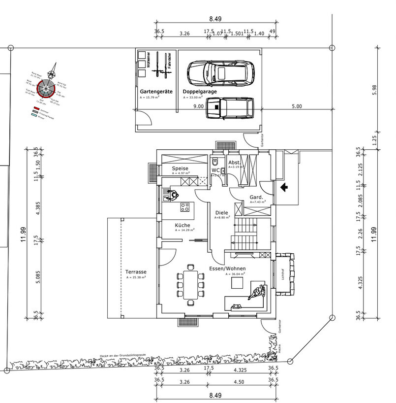 Grundriss eines Hauses mit Doppelgarage, Terrasse, Küche, Essen/Wohnen und Garderobe.