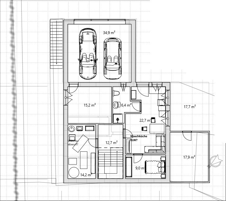 Grundriss eines Einfamilienhauses mit Doppelgarage, Treppenhaus, Küche, Wohnzimmer und Schlafzimmern.