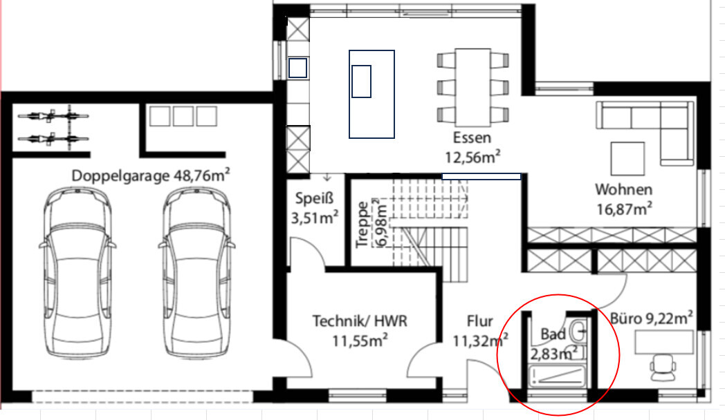 Grundriss eines Hauses mit Doppelgarage, Technikraum, Flur, Büro, Essen und Wohnen; Bad (2,83 m²) im Kreis markiert.