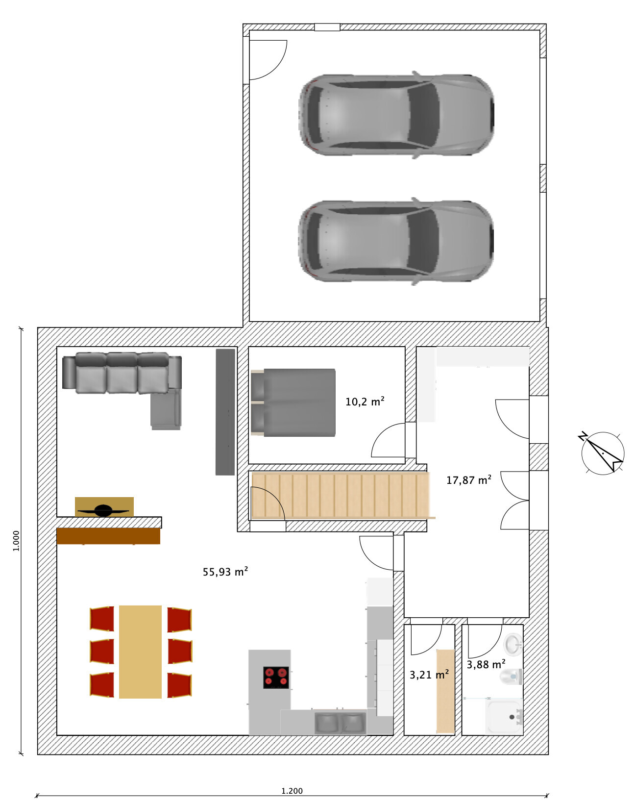 Grundriss eines Hauses mit Garage (2 Autos), offener Wohn-/Essbereich, Küche, Bad und Flur.