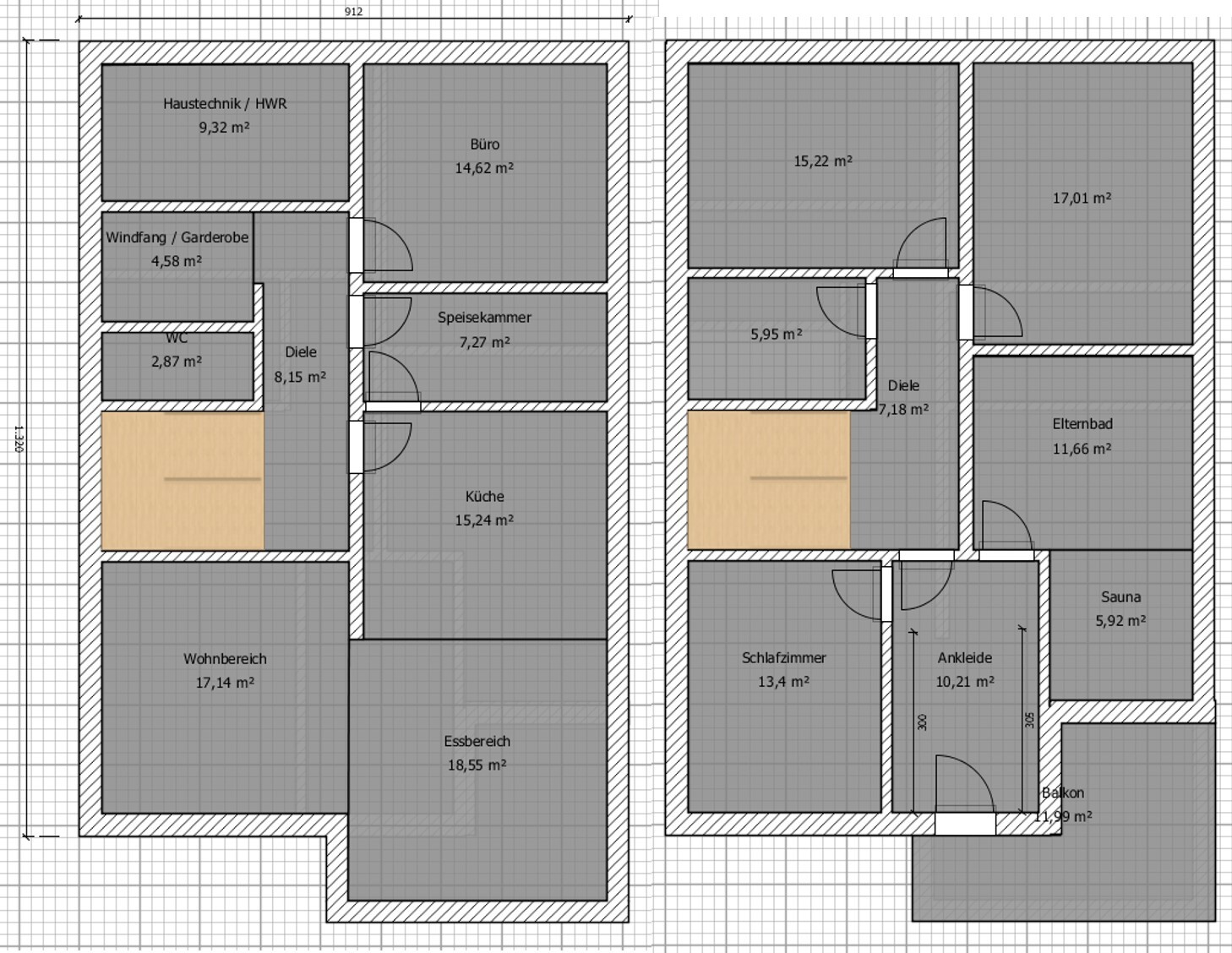Zweistöckiger Grundrissplan mit Wohnbereich, Küche, Essbereich, Büro, Schlafzimmer, Sauna.