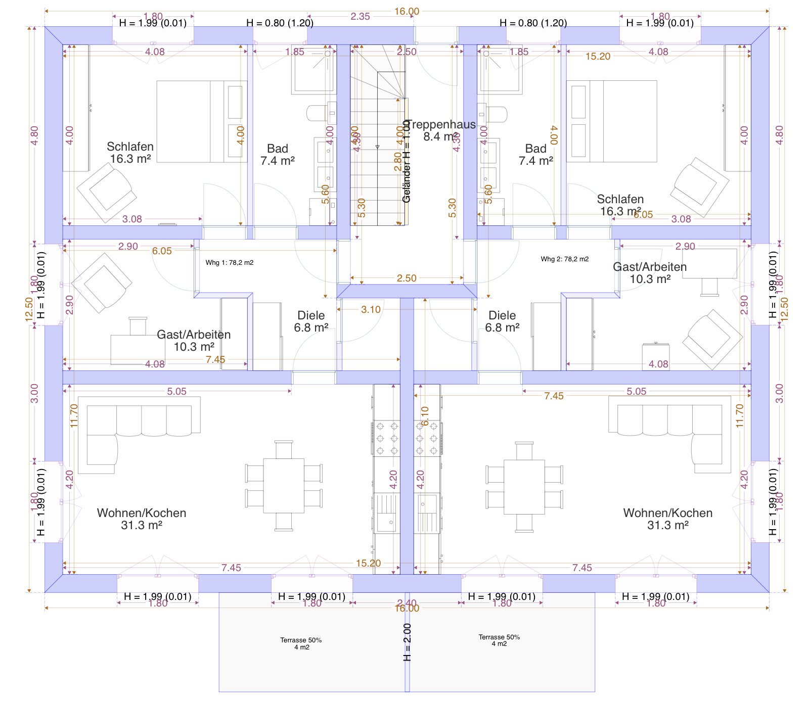 Grundriss eines Zweifamilienhauses mit zentraler Treppe, zwei Wohneinheiten und Terrassen.
