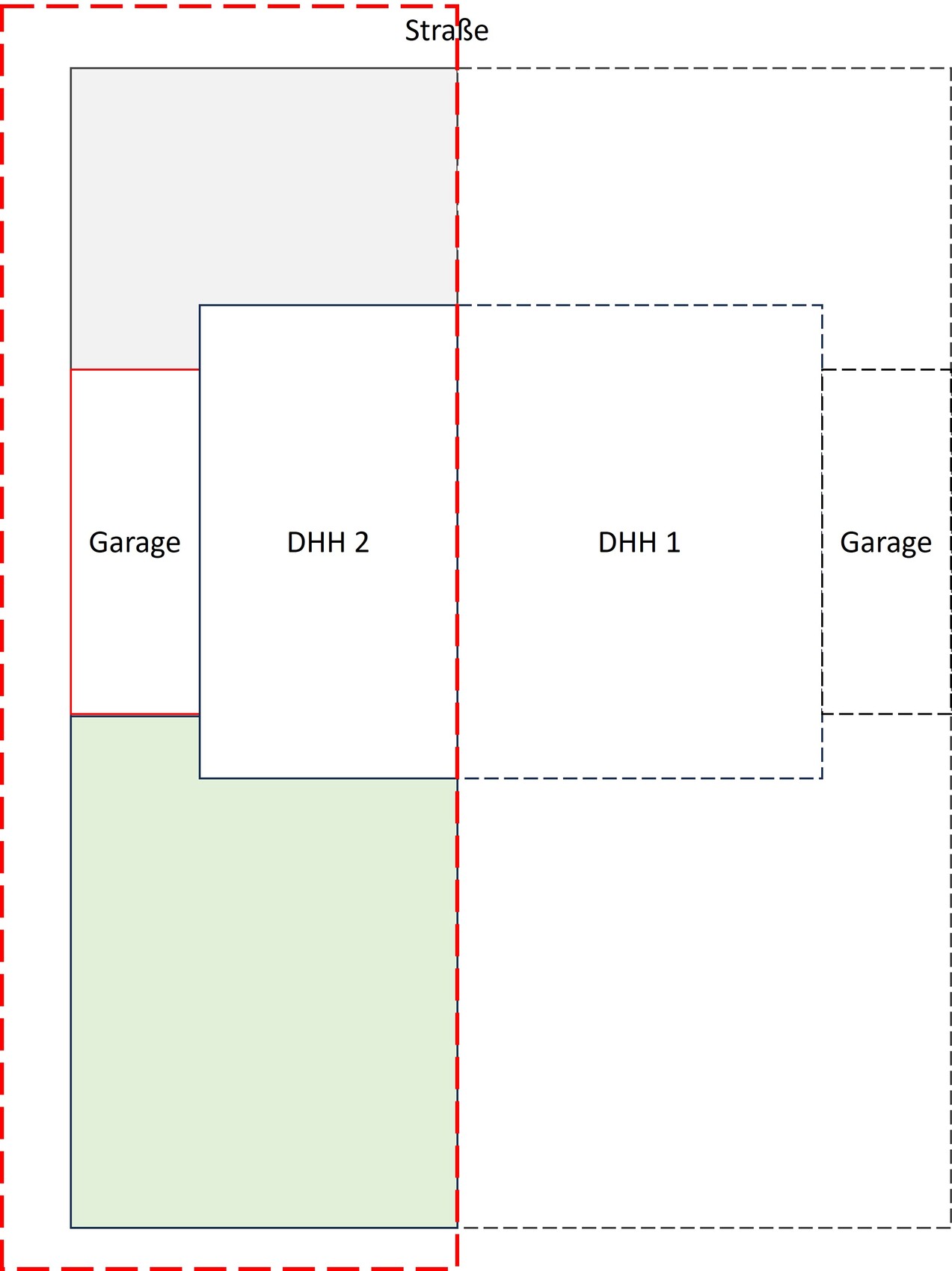 Grundrissplan einer Doppelhaushälfte mit zwei Häusern, Garage und Terrasse