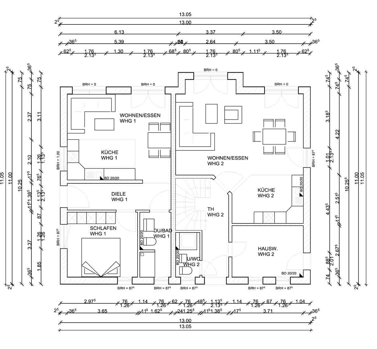 Grundriss einer Doppelwohnung mit Wohnzimmer, Küche, Flur und Schlafzimmer