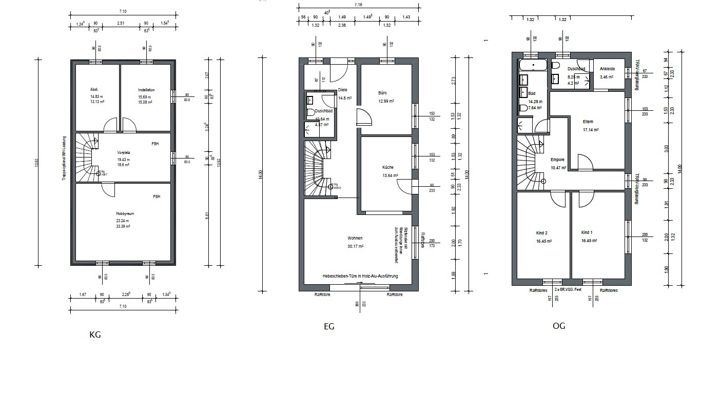 Grundriss von drei Etagen: KG, EG, OG mit Zimmern, Treppen und Türen.