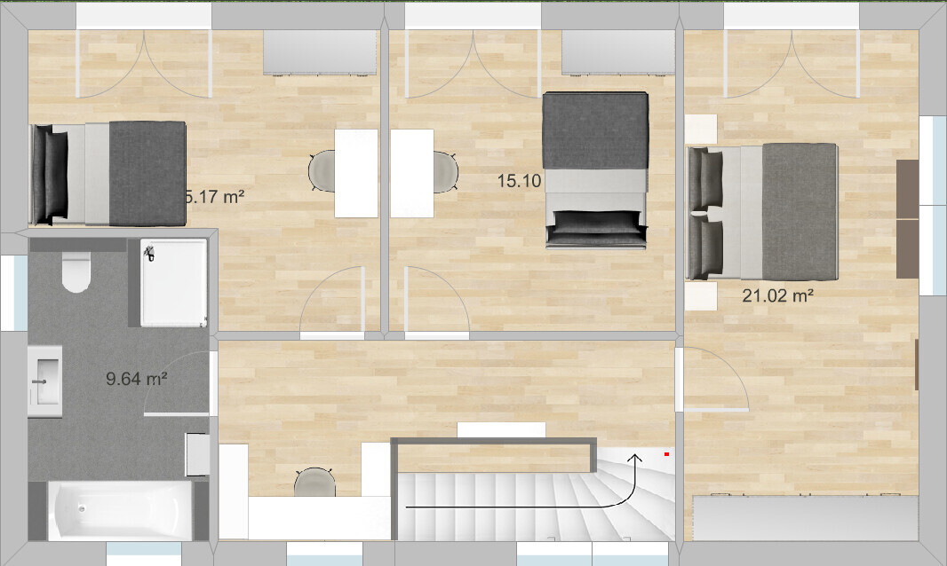 Grundriss einer Wohnung: drei Schlafzimmer, Bad, Flur, Treppenhaus und Möbel.
