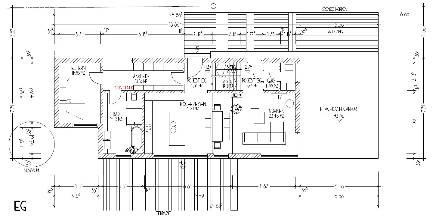 Erdgeschoss-Grundriss: Räume wie Eltern, Ankleide, Küche, Essen, Bad, Wohnen, Terrasse, Carport.
