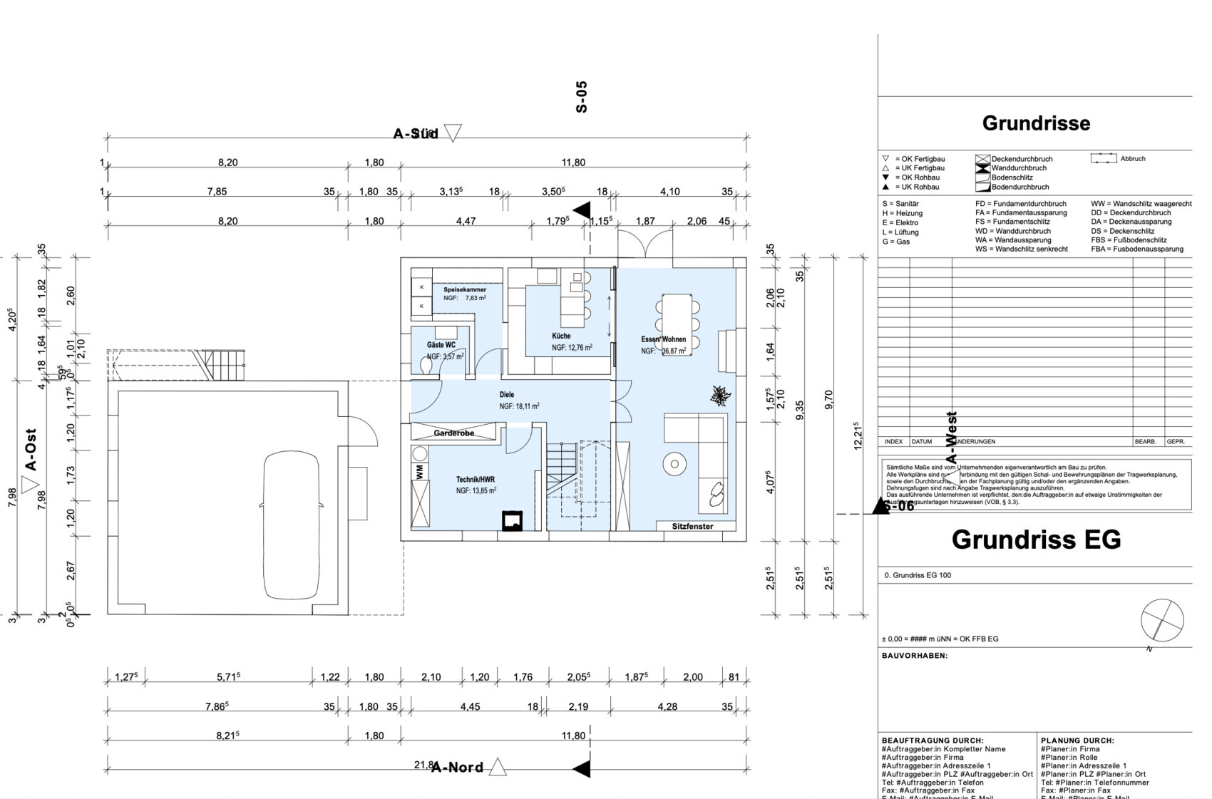 2D-Grundriss EG eines Hauses mit Wohnraum, Küche, Garage und Treppenhaus