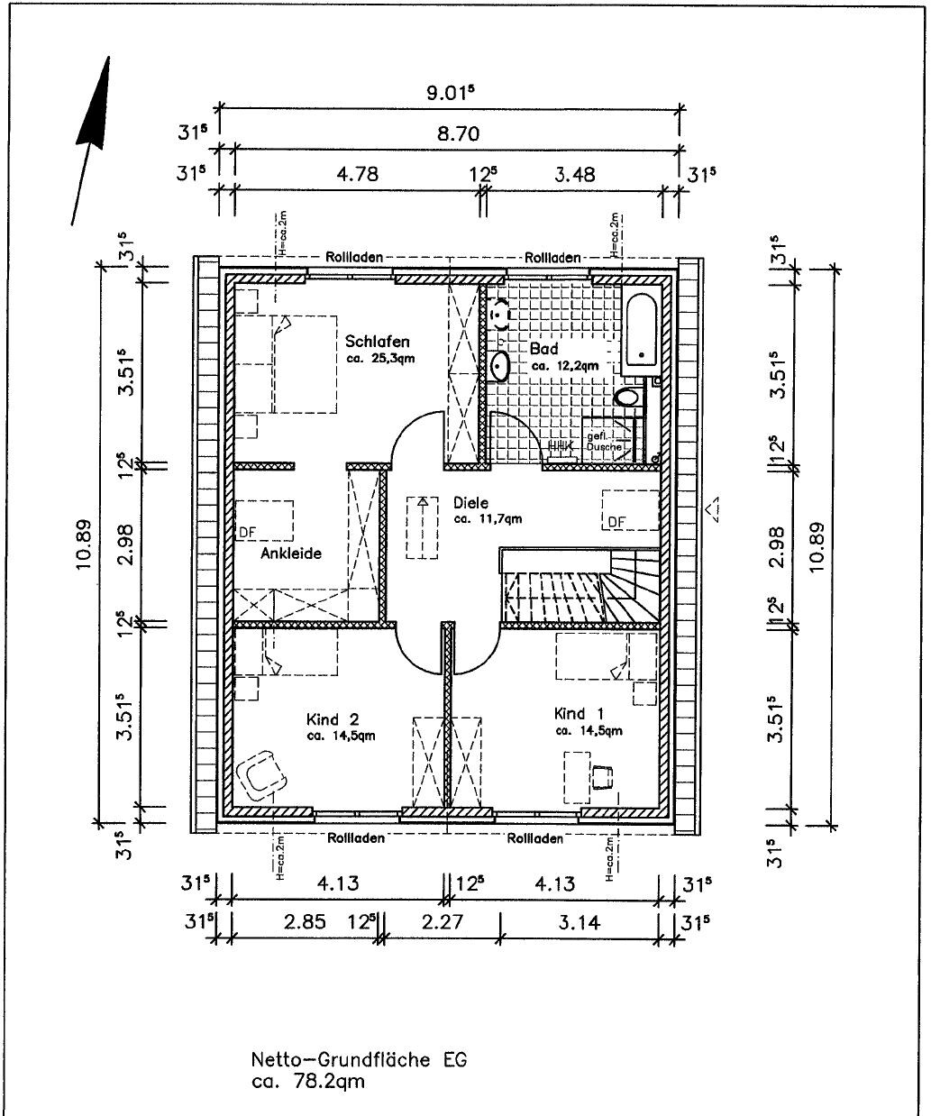Grundriss-EG eines Hauses: Schlafen, Bad, Diele, Ankleide, Kind 1, Kind 2, Treppenhaus.