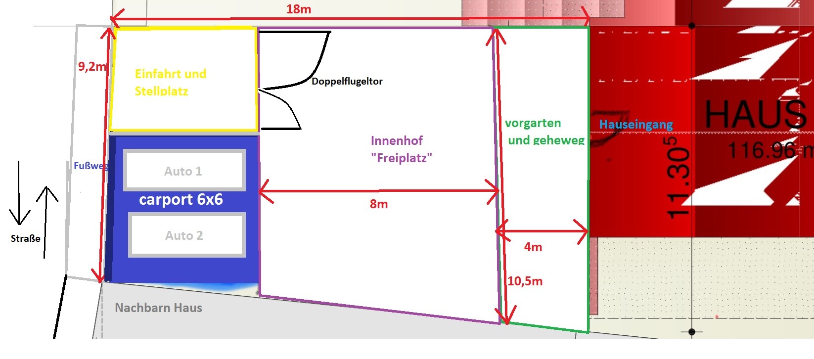 Grundstücksplan: Einfahrt, Stellplatz, Carport 6x6, Innenhof Freiplatz, Hauseingang rechts.