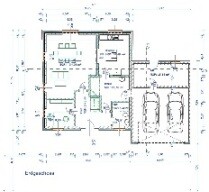 Grundrissplan eines Einfamilienhauses mit Garage und Wohnräumen.