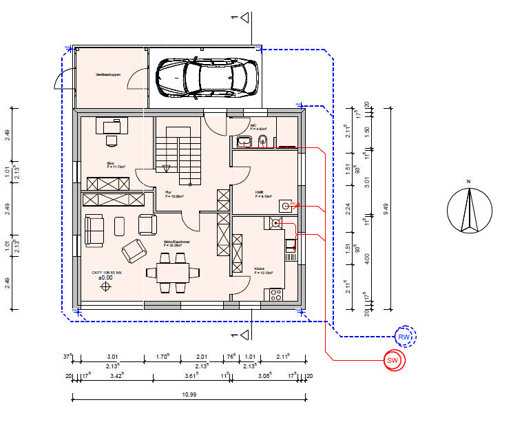 Hausgrundriss mit Wohnzimmer, Essbereich, Küche, Schlafzimmer, Bad, Treppe und Garage.