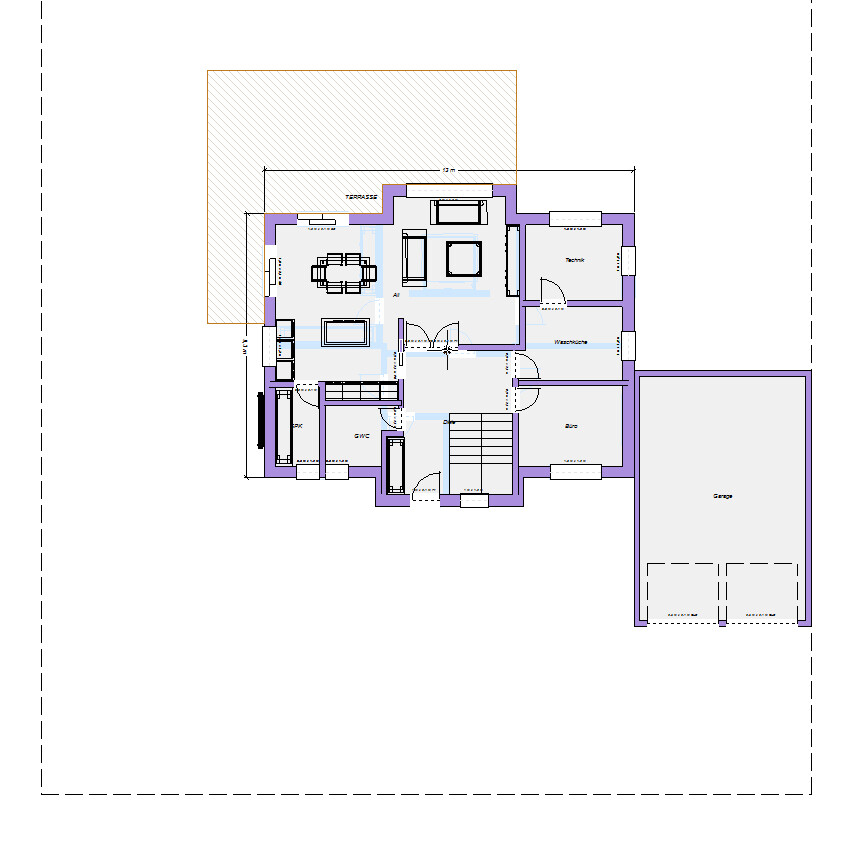 Grundriss eines Hauses mit Wohnzimmer, Küche, Esszimmer, Bad, Büro, Terrasse und Garage.