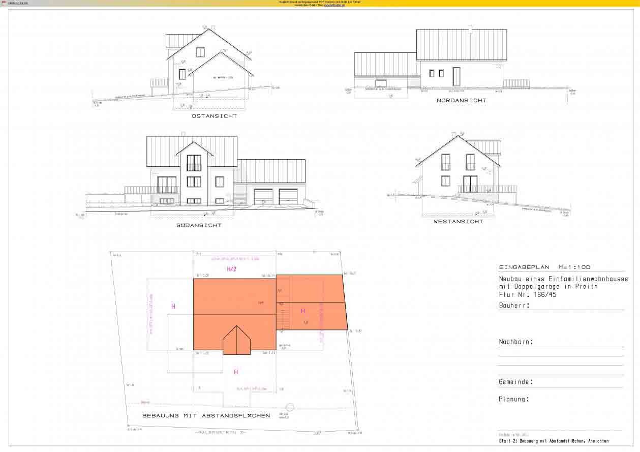 Architekturzeichnung eines Einfamilienhauses mit Grundriss und Ansichten