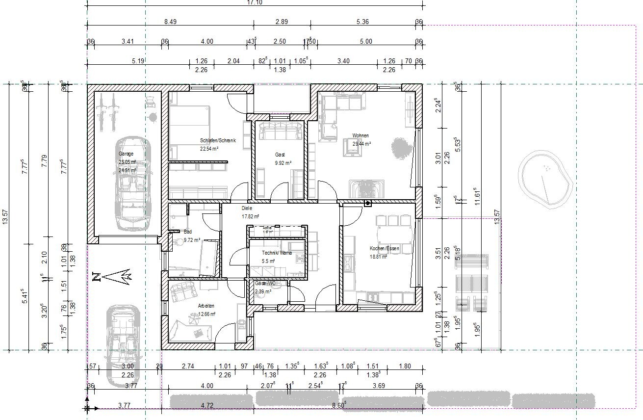 Hausgrundriss: Garage, Schlafen, Gast, Diele, Bad, Arbeiten, Kochen/Essen, Wohnen.