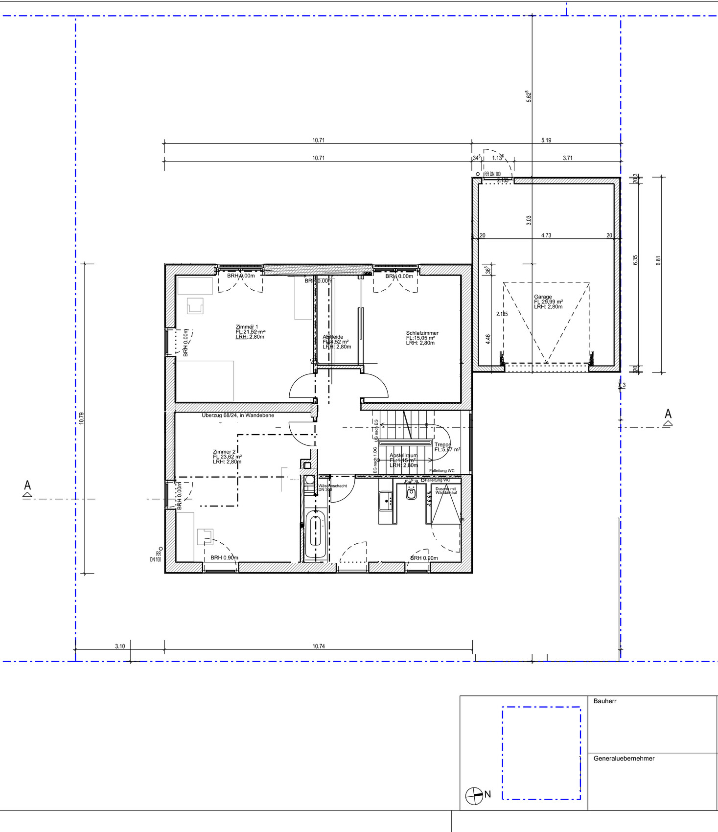 Grundrissplan eines Einfamilienhauses mit Schlafzimmern, Bad, Küche und Garage