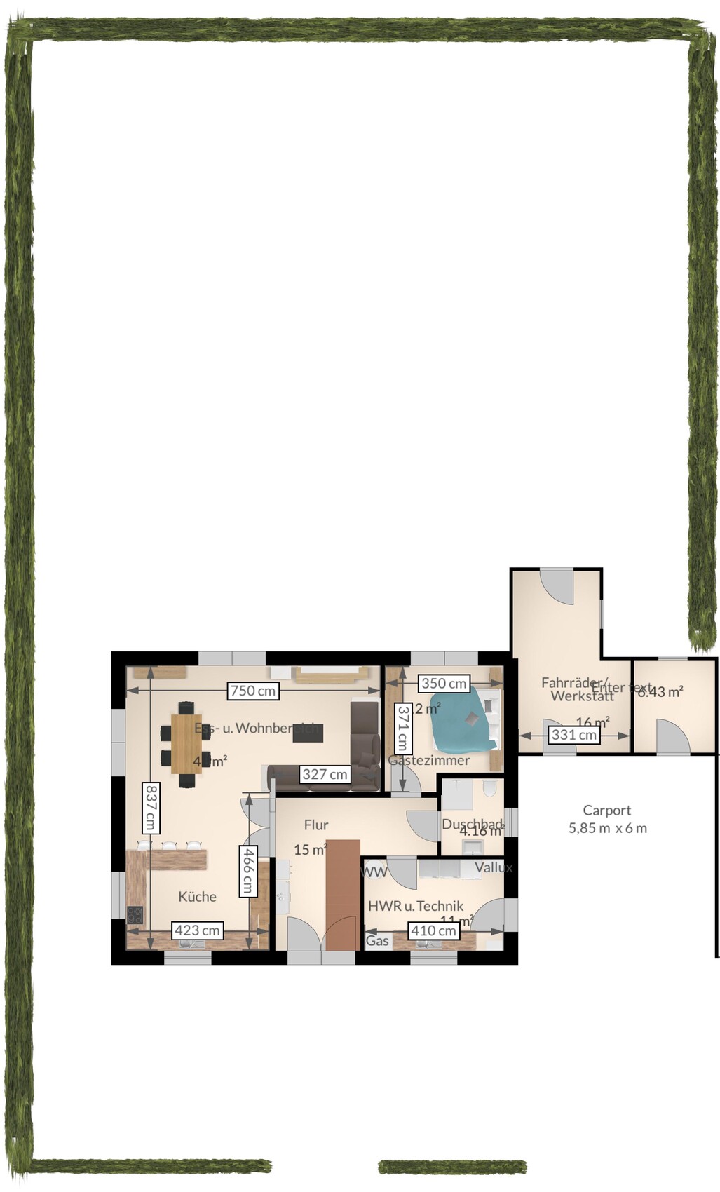2D-Grundriss eines Einfamilienhauses mit Küche, Wohnzimmer, Flur und Bad im Garten
