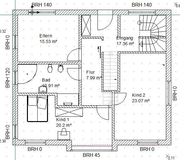 Grundriss Erdgeschoss: Eingangsbereich, Treppe, Flur, Elternzimmer, Bad, Kind 1, Kind 2.