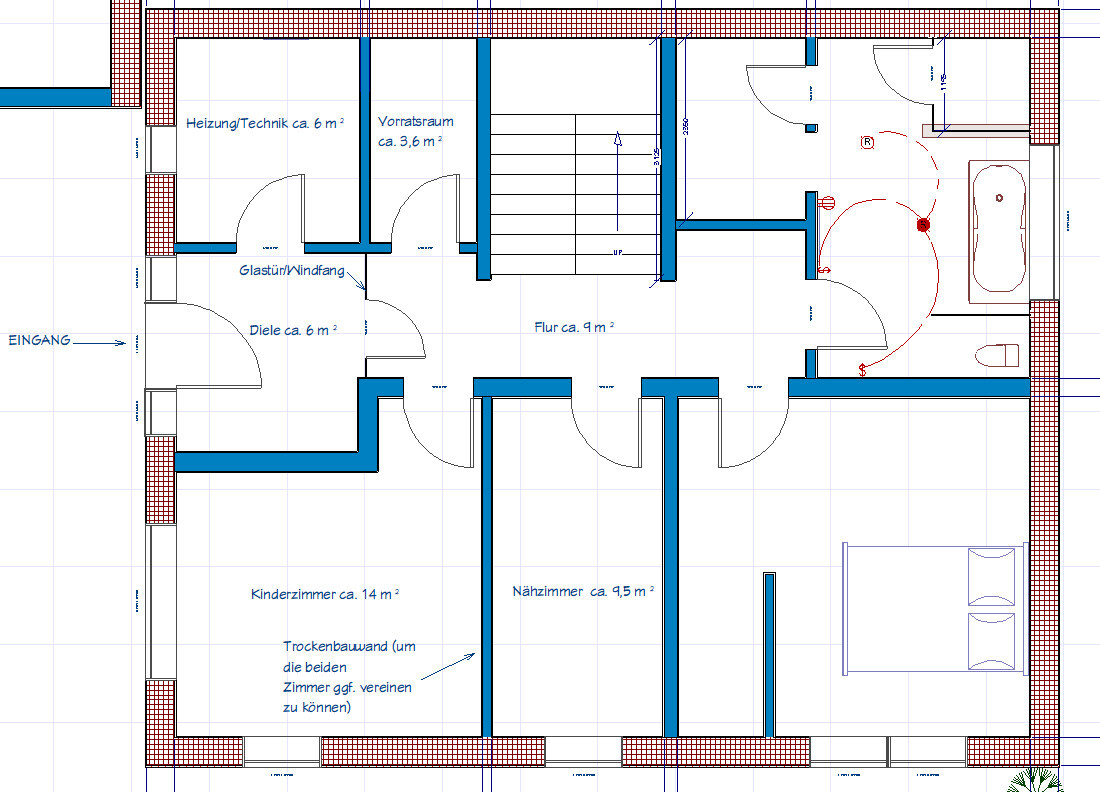 Grundriss eines Hauses: Eingang, Diele, Flur, Kinderzimmer, Naehzimmer, Bad, Vorratsraum, Heizung.