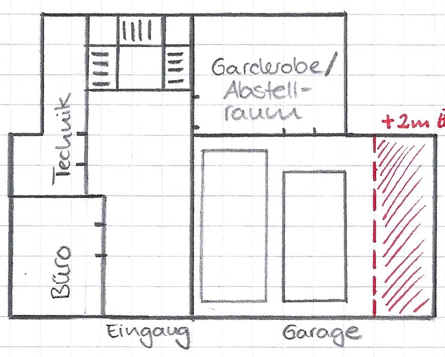 Grundriss: Eingang, Büro, Tiefgarage, Garderobe/Abstellraum, Garage.