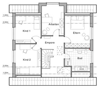 Grundriss eines Hauses mit Eltern- und Kinderräumen, Bad, Arbeitsbereich und Treppen