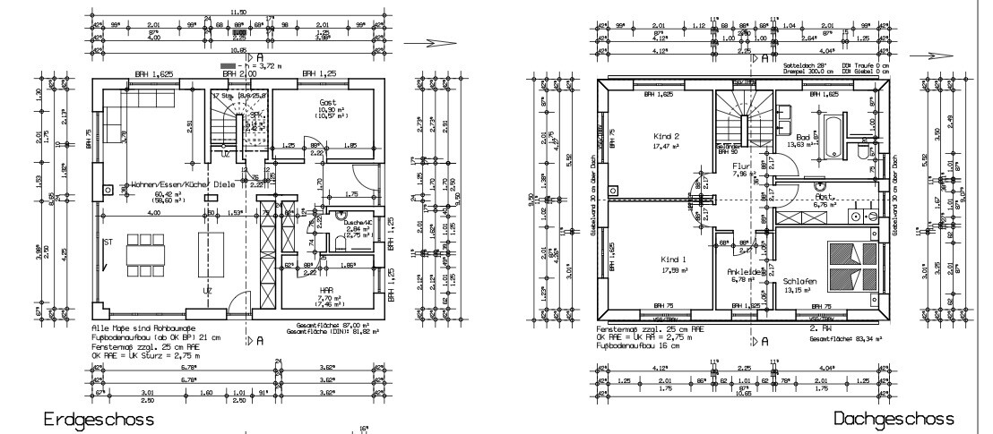 Grundriss eines Hauses: Erdgeschoss mit Wohnzimmer, Küche; Dachgeschoss mit Schlafzimmern