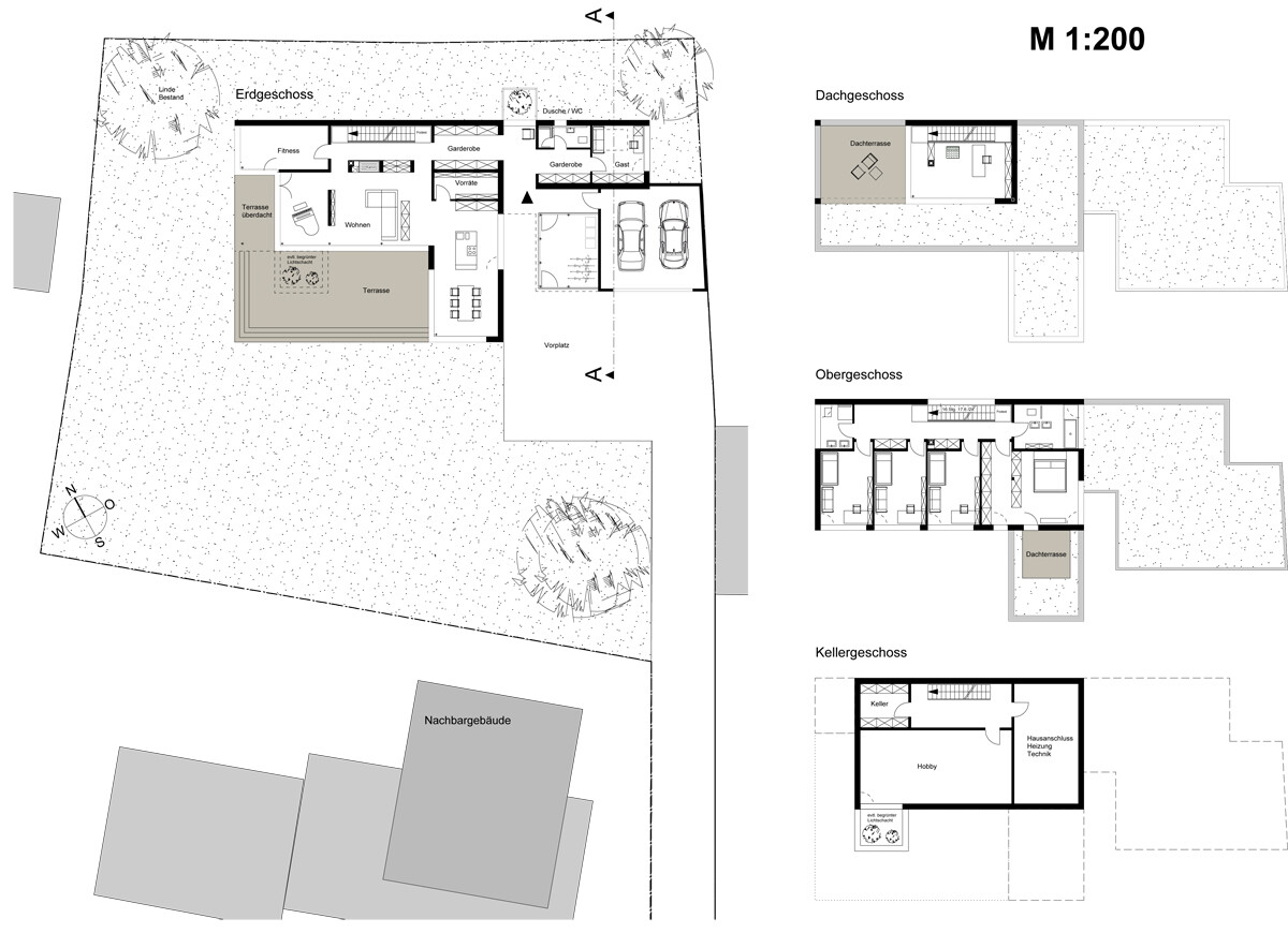 Grundrissplan eines Hauses mit Erdgeschoss, Dachgeschoss, Keller, Terrasse und Garage.