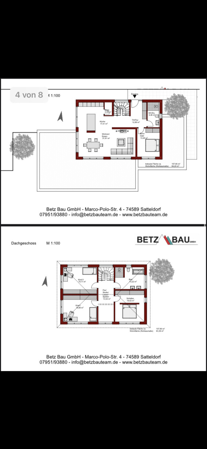 Grundriss eines Hauses: Erdgeschoss und Dachgeschoss mit Zimmern, Möbeln und Maßangaben (1:100).