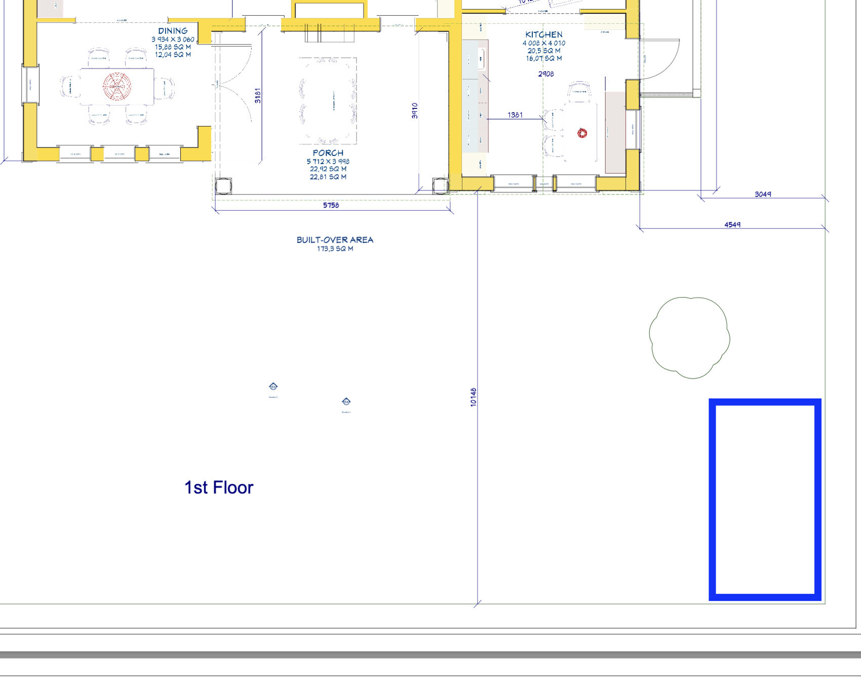 Grundriss der 1. Etage mit Küche, Esszimmer, Veranda und Außenbereich