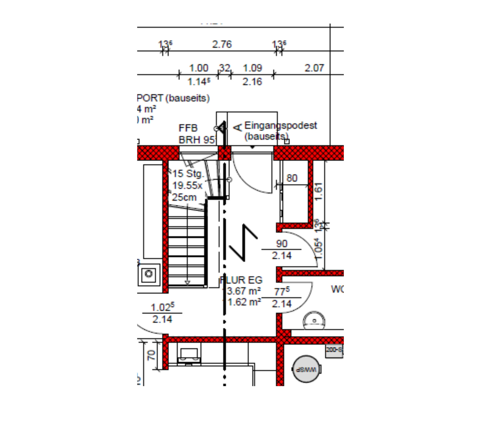 Grundriss eines Gebäudeteils: Erdgeschoss-Flur mit Treppe, Eingang, WC, rote Wände und Maße.