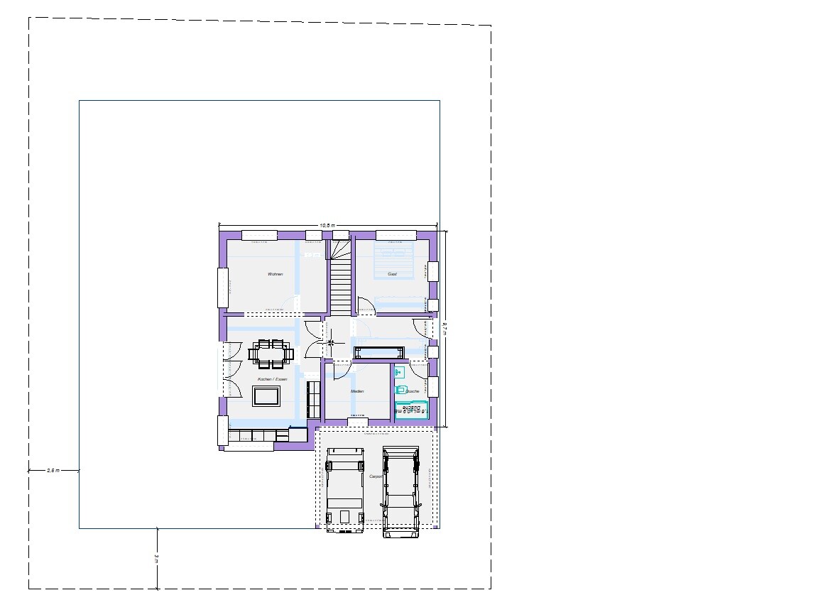 Grundriss eines Hauses: Erdgeschoss mit Wohnzimmer, Küche, Bad, Schlafzimmer, Treppe und Garage.
