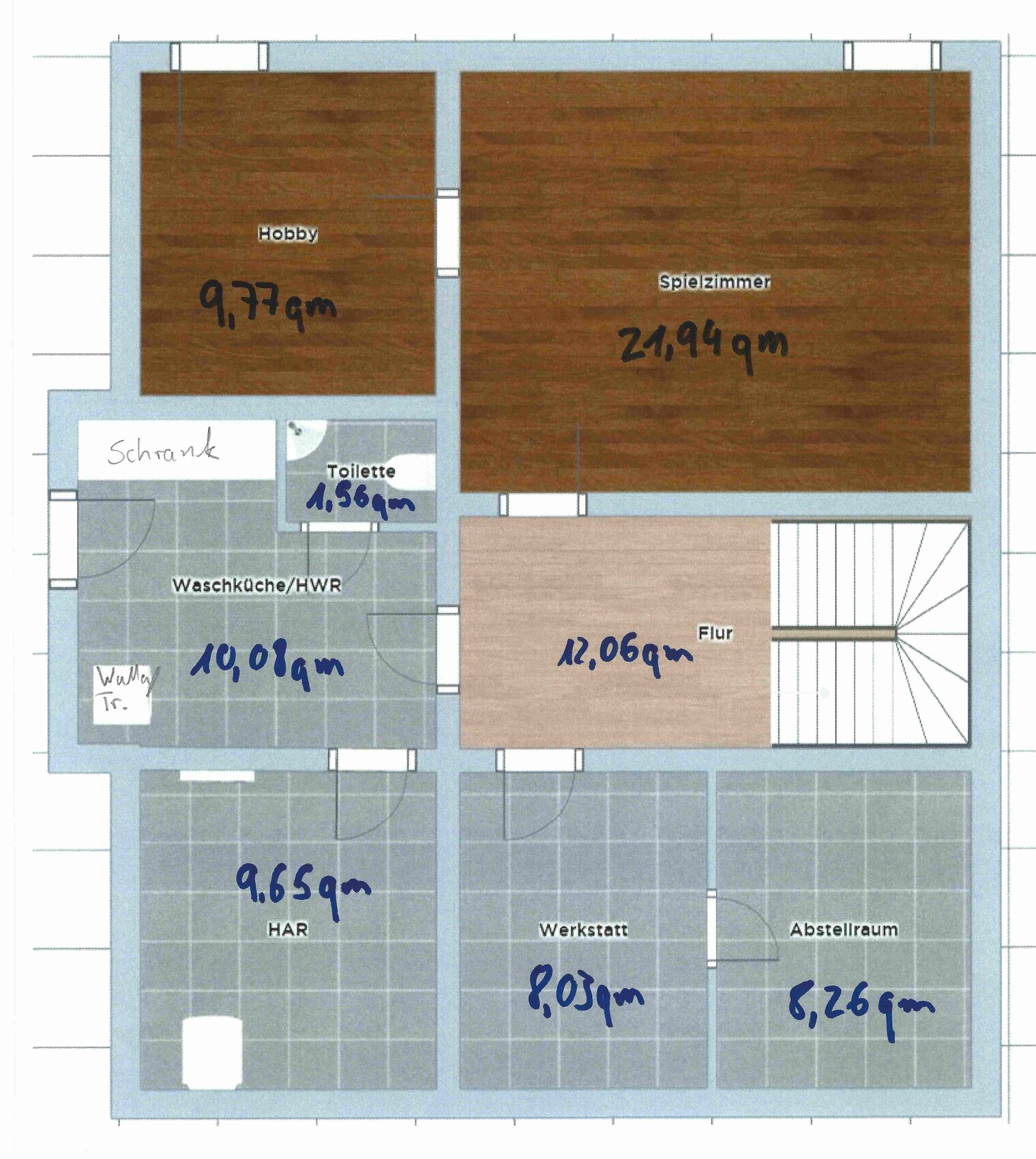 Grundriss eines Hauses mit Hobby, Spielzimmer, Waschküche/HWR, Toilette, Flur, Werkstatt, Abstellraum