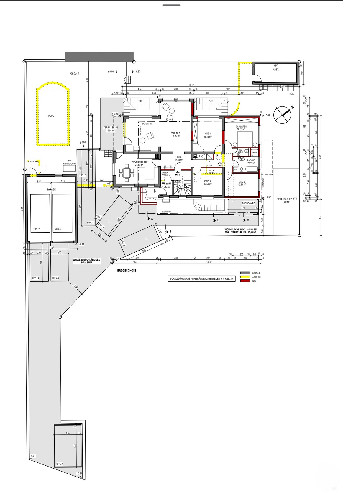 Grundriss eines Hauses: Wohnzimmer, Küche, Schlafzimmer, Bad, Terrasse und Schwimmbad.