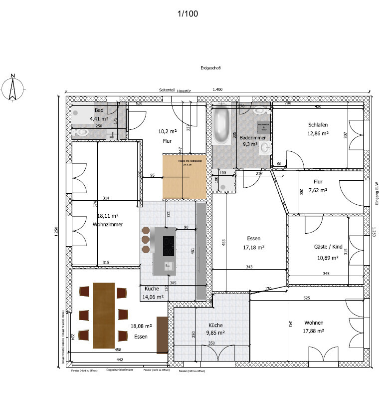 Grundriss eines Hauses mit Küche, Essen, Wohnen, Flur, Bad, Schlafen, Gäste/Kind