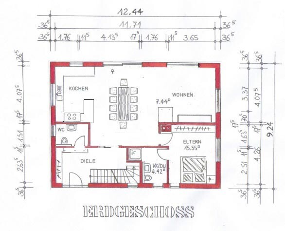 Grundriss Erdgeschoss: Küche, Essbereich, Wohnzimmer, Elternzimmer, Diele, WC, Bad.