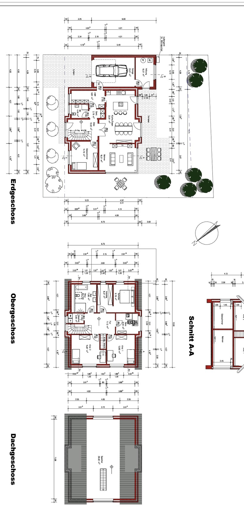 Grundriss eines Hauses: Erdgeschoss, Obergeschoss, Dachgeschoss mit Garage und Garten.