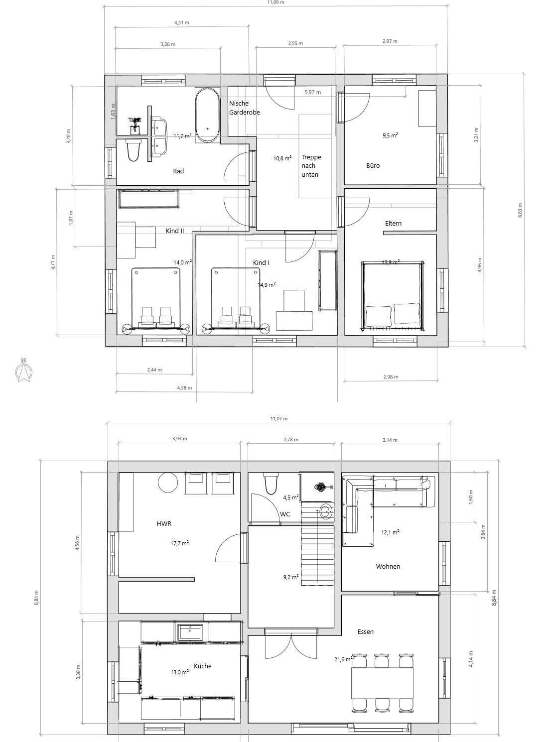 Grundriss eines Hauses mit Küche, Essen, Wohnen, Bad, Eltern- und Kinderzimmer, Büro.