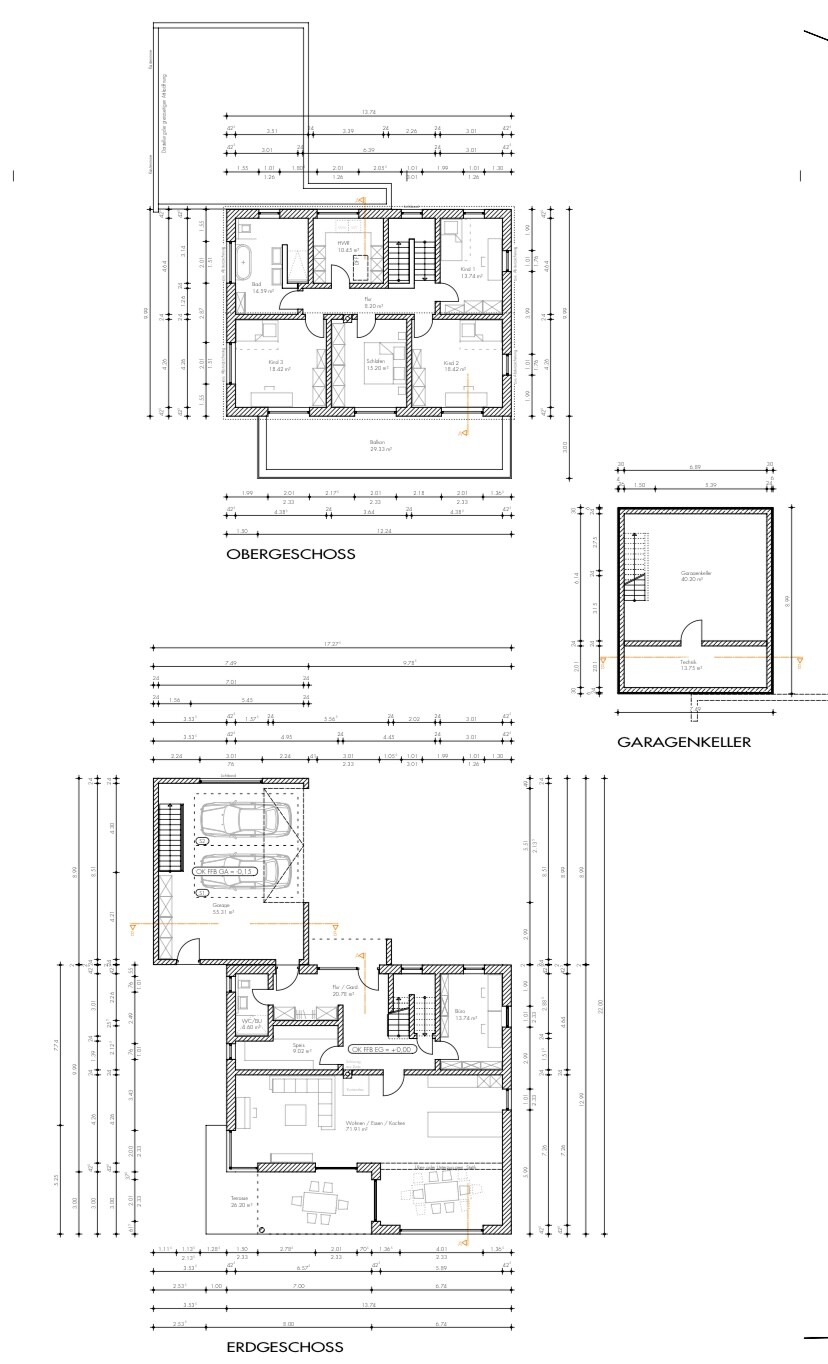 Architektur-Plan: Grundrisse von Erdgeschoss, Obergeschoss und Garagenkeller eines Hauses.