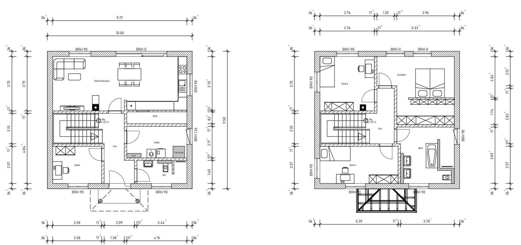 Zweigeschossiger Hausgrundriss mit Wohnzimmer, Küche, Bad, Schlafzimmer und Treppe.
