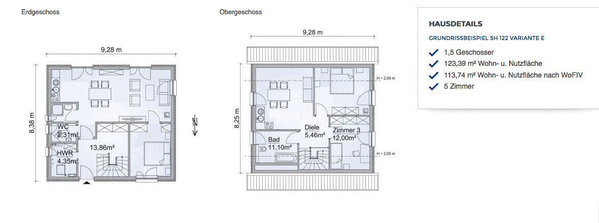Grundriss eines Hauses mit Erdgeschoss und Obergeschoss, Räume, Treppen und Maße